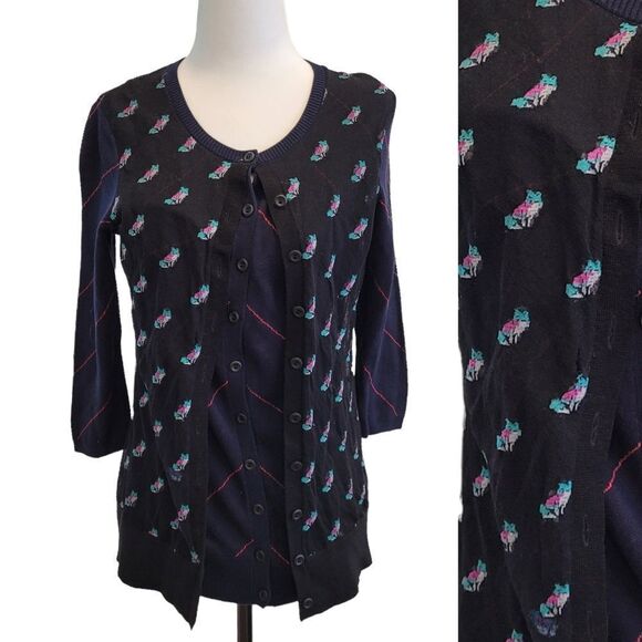 Anthropologie Moth layered fox print striped  cardigan small - Picture 1 of 13